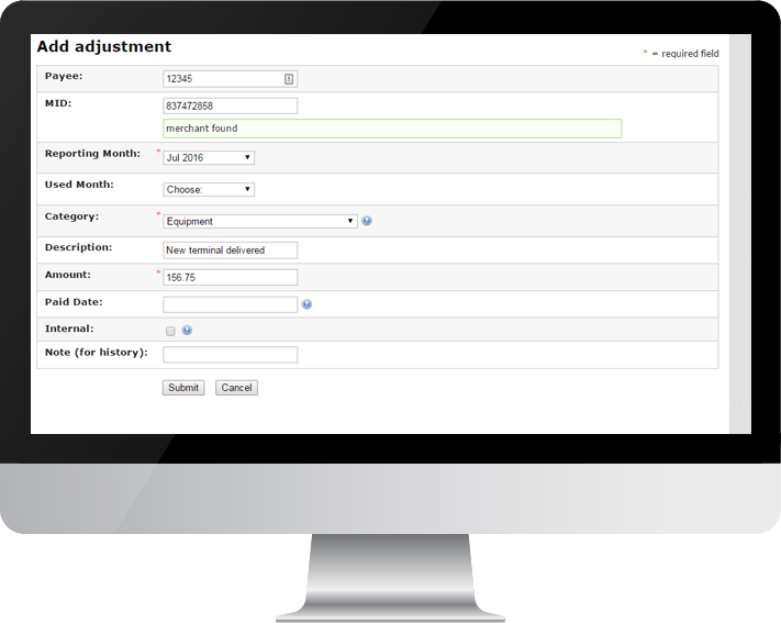 Screenshot of the merchant residuals system